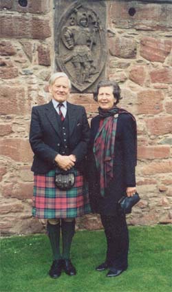 Lord and Lady Crawford in the Pleasance at Edzell Castle on the occasion of the celebration of the 600th anniversary of the Earldom of Crawford.  (Photo by Marty Thurmond, 1998).