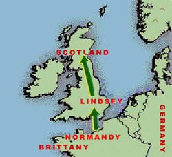 Migration of Lindsay ancestors via the County of Flanders (AD 900), and via the administrative area of Lindsay in Lincolnshire (aft. 1066), to Scotland (bef. 1116).